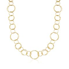 Ross-Simons - Italian 18kt Yellow Gold Textured Circle-Link Necklace. 30". From Italy, this 18kt yellow gold circle-link necklace is finished with a glittering texture that catches the eye. The varying sizes of its links exude a playful feel and its longer length makes it a perfect layering piece for any outfit, during any season. Springring clasp, 18kt yellow gold circle-link necklace. Yellow Gold Round Metal Chain Necklace, Classic Circle Yellow Gold Necklace, Handmade 14k Gold-filled Round Necklaces, Gold Plated Yellow Gold Circle Necklace, Luxury Yellow Gold Full Circle Necklace, Chunky Gold Necklace, Chunky Gold Necklaces, Circle Chain, Gold Circle