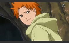 an anime character with orange hair standing in front of a tree