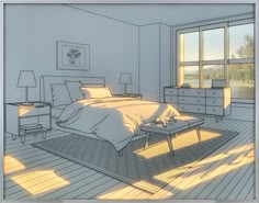 a drawing of a bedroom with white walls and wood floors