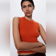 Zara Nwt Ribbed Knit Sleeveless Sweater Top Size Xl. Orange. Never Worn! Great Quality And Condition! Soft Comfortable Fabric. See Pics For Measurements And Details. Bundle And Save Kawaii Style, Summer Mood, Ribbed Knit Top, 1st Year, Sleeveless Sweater, Split Hem, Kawaii Fashion, Zara Tops, Zara Women