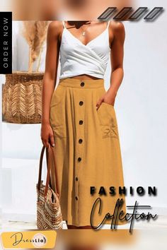 Women's Casual Solid Button Front High Waist A Line Midi Skirt Chic Button-up Summer Skirt, Buttoned Maxi Skirt For Spring, Spring Buttoned Maxi Skirt, Casual Maxi Skirt With Button Closure For Summer, Relaxed Fit Buttoned Skirt For Day Out, Spring Maxi Skirt With Buttons For Day Out, High-waisted Buttoned Maxi Skirt For Summer, High Waist Buttoned Maxi Skirt For Summer, High-waist Maxi Skirt With Buttons For Summer