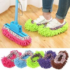 the mop is being used to clean wood floors with colorful duster and sponges