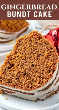 a slice of gingerbread bundt cake on a white plate