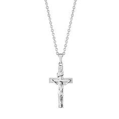 Children's sterling silver crucifix cross pendant 15 inch sterling silver cable chain Sterling Silver Crucifix Cross Necklace With Adjustable Chain, Adjustable Crucifix Chain Jewelry, Sterling Silver Crucifix Necklace With Silver Chain, White Gold Crucifix Necklace With Silver Chain, White Gold Sterling Silver Crucifix, Silver Crucifix Necklace With Polished Finish, Sterling Silver Crucifix Necklace With Polished Finish, Sterling Silver Crucifix Cross Necklace In White Gold, White Gold Sterling Silver Crucifix Necklace