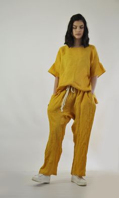 "Mustard Linen Set, Linen Top and Pants, Linen Summer Outfit Loose linen outfit . Summer woman Pants and top. Mustard pants and loose top. Women Set Of Tunic And Pants, White Linen Pants, Plus Size Clothing New summer collection. 100% LINEN tunic, blouse and pants. Plus size SET. The pants has two big pockets. Loose Harem Style. Extravagant loose mustard top or tunic , so elegant and comfortable. Quality LINEN fabric. 100% Linen. Model on picture is wearing size S The style I used was originally Solid Linen Sets With Pockets, Solid Color Linen Sets With Pockets, Summer Linen Sets With Straight Pants, Relaxed Fit Linen Sets With Straight Pants, Linen Pantsuit, Mustard Outfit, Set Women Outfit, Mustard Outfits, Linen Summer Outfits