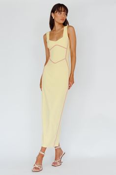 Shenae Piping Trim Maxi Dress Lemon Selfie Leslie, Split Maxi Dress, Glam Girl, Date Night Dresses, Knit Mini Dress, Style Maxi Dress, Yellow Fashion, Saddle Bag, Drop In