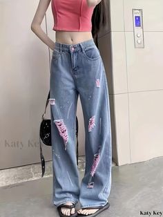 Katykey - Womens Casual Straight Jeans with Distressed Detailing and Slant Pockets, Loose Fit Stylish Denim Pants Fall Care, Pocket Pattern, Womens Casual, Clean Style, Straight Jeans, Denim Pants, Casual Women, Straight Leg, Loose Fitting