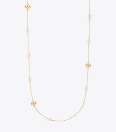 Kira Pearl Delicate Long Necklace: Women's Designer Necklaces | Tory Burch Pearl Long Necklace Designs, Long Pearl Necklace With Delicate Chain, Elegant Pearl Necklace With Adjustable Chain For Layering, Elegant Gold Long Necklace With Pearl Chain, Long Necklace Designs, Tory Burch Necklace, Wishlist 2022, Pearl Long Necklace, Locket Earrings