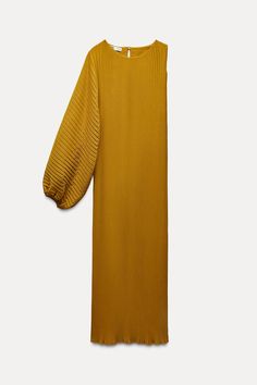 PLEATED ASYMMETRIC DRESS - Mustard | ZARA United States Chic Fall Midi Dress With Draped Sleeves, Chic Asymmetrical Dress With Side Zipper, Formal Asymmetrical Dress For Fall, Formal Asymmetrical Dress With Asymmetrical Neckline For Fall, Formal Fall Asymmetrical Dress With Asymmetrical Neckline, Fall Workwear Midi Dress With Asymmetrical Neckline, Chic One-shoulder Asymmetrical Dress With Draped Sleeves, Chic Asymmetrical Pleated Maxi Dress, Spring One-shoulder Asymmetrical Dress For Work