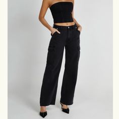 A Great Pair Of Oversized Jeans - Tags Included. Never Worn. Mid-rise Washed Black Cargo Jeans, Mid-rise Washed Black Cargo Bottoms, High-rise Washed Black Cargo Jeans, Oversized Washed Black Denim Jeans, Mid-rise Stretch Jeans In Washed Black, Oversized Jeans, Mid Rise, Black Color, Denim Jeans