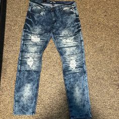 36/34 Men’s Distressed Denim Jeans Skinny Fit Casual Ripped Cotton Jeans, Rugged Fitted Blue Jeans, Fitted Rugged Blue Jeans, Blue Rugged Fitted Jeans, Rugged Ripped Blue Jeans, Casual Ripped Denim Jeans, Rugged Distressed Blue Jeans, Rugged Blue Distressed Jeans, Rolled Jeans