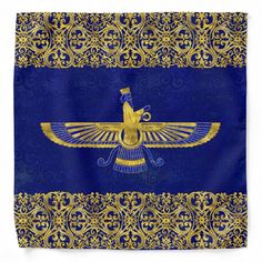 a blue and gold background with an egyptian bird