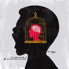 a drawing of a man's head with a birdcage in the shape of a brain