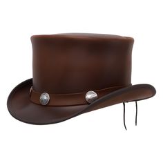 El Dorado Mens Leather Top Hat with Buffalo Nickle Hand Band Buy the El Dorado Top Hat with the Buffalo Band, which is the most modest Voodoo Hatter top hat. It can easily be dressed up or down and comes with a Buffalo nickel style band.    Materials: Leather, Grain Leather Description Premium Buffalo Grain Leather Made In 100% Real Leather 4 ½'' tall crown. 2" Brim. Simple Buffalo nickel style band, Complimented by a shape-able wire brim Premium Craftsmanship. Sizes: XXS to 3XL (Follow The Char Leather Top Hat, Tall Crown, Hand Band, Brown Leather Top, Buffalo Nickel, Top Hats, The Buffalo, Mens Leather, Hat Band