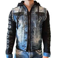 Black Denim Vest, Jacket Sleeves, Denim Hoodie, Hood Jacket, Street Fashion Men Streetwear, Biker Jeans, Jacket Denim, Fashion Suits For Men, Fashion Suits