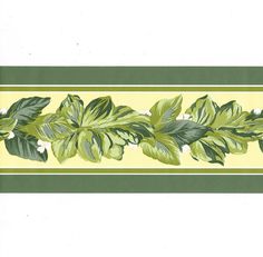 a green and yellow striped wallpaper with leaves on the bottom, along with white flowers