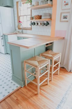 two stools are in front of the kitchen counter