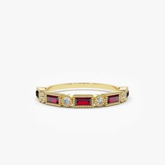 14k Baguette Ruby and Diamond Ring Diamond Silver Ring, Bezel Band, Ruby And Diamond Ring, Silver Diamond Ring, Solid Gold Band, Local Jewelry, Delicate Earrings, Diamond Color, Sterling Silver Bands