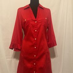 This Old Navy Dress Is A Beautiful Red With Three-Quarter Sleeves Button Down Style. Stitching Detail On The Pockets And The Sleeves Pair It With A Belt Or A Blazer. Belt Not Included Red Cotton Shirt Dress, Chic Red Shirt Dress For Daywear, Red V-neck Dress With Buttons, Red Button-up Shirt Dress For Spring, Red Cotton Shirt Dress For Spring, Red Cotton Shirt Dress For Work, Red Collared Shirt Dress For Summer, Red Short Sleeve Shirt Dress For Work, Red V-neck Shirt Dress For Spring