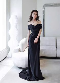 Black Off Shoulder Soft Satin Floor Length Party Dress, Black Satin Evening Dress Black Satin Prom Dress, Formal Prom Dresses Long, Party Dress Black, Beaded Party Dress, Floral Dress Formal, Long Formal Gowns, Floor Length Prom Dresses, Satin Evening Dresses, Lace Party Dresses