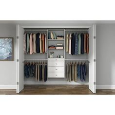 an open closet with clothes on hangers and drawers in front of a painting hanging on the wall