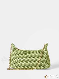 BirdinBag - Versatile Straw Bag: Stylish Vacation Essential Baguette Bag, Bag Bag, Polyester Material, Straw Bag, Straw, Composition, Size Medium, Green, Pattern