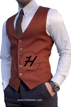 This slim-fit tile waistcoat is sure to be a statement piece in your wardrobe. The timeless style is sure to be a classic addition with its comfortable design and the ability to be adjusted from the back. From the HolloMen fall-winter '22 collection. Waistcoat Color: Tile The suit's fabric includes 50% cotton and 50% polyester. Fitted Sleeveless Vest With Pockets, Fitted Brown Three-piece Suit For Office, Fitted Vest For Semi-formal Fall Occasions, Fitted Sleeveless Vest For Semi-formal Occasions, Brown Notch Lapel Vest For Business, Brown Business Vest With Notch Lapel, Fitted Brown Suit With Button Closure, Fitted Brown Three-piece Suit With Single Button, Fitted Brown Three-piece Suit For Business Casual