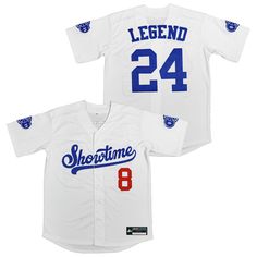 Showtime Legend #8 #24 Baseball Jersey Varsity Baseball Jersey With Team Logo, White College Jersey With Letter Print, College White Jersey With Letter Print, White Jersey With Letter Print For Baseball Season, White Sporty Jersey For College, White Sporty College Jersey, Sporty White College Jersey, White Baseball Jersey With Letter Print For Game Day, White Baseball Jersey With Team Logo For College