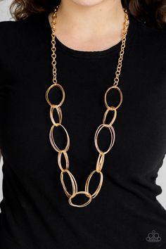 A collision of smooth and hammered gold oval links connect across the chest for a dramatic industrial look. Features an adjustable clasp closure. ﻿All Paparazzi Accessories are lead free and nickel free! Sold as one individual necklace. Includes one pair of matching earrings. Chic Oval Metal Jewelry, Chic Oval Gold Jewelry, Chic Gold Oval Jewelry, Modern Gold Metal Chain Necklace, Oval Link Jewelry With Adjustable Chain For Parties, Oval Link Adjustable Chain Jewelry For Party, Oval Metal Jewelry With Adjustable Chain, Party Jewelry With Oval Link Adjustable Chain, Adjustable Oval Link Jewelry For Parties