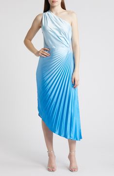 An asymmetric silhouette topped by a single shoulder brings bold flair to this pleated dress featuring a side cutout and ombré palette. 42" to 52" length (size Medium) Hidden side-zip closure One-shoulder neck Sleeveless Lined 95% polyester, 5% spandex Dry clean or hand wash, dry flat Imported Spring Pleated Asymmetrical Dress, Formal Blue One-shoulder Ruched Dress, Formal Blue Ruched One-shoulder Dress, Formal Blue Ruched One Shoulder Dress, Spring Evening Pleated One Shoulder Dress, Pleated One Shoulder Dress For Night Out, Spring Evening Asymmetrical Pleated Dress, Pleated Asymmetrical Party Dress, Spring One-shoulder Pleated Dress For Night Out