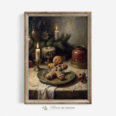 a painting of a teddy bear sitting on a plate next to a candle and christmas tree