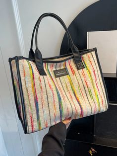 BirdinBag - Stylish Multicolor Oversized Tote Bag with Ample Space Oversized Tote Bag, Oversized Tote, Word Wrap, Shoulder Tote Bag, Rainbow Stripes, Shoulder Tote, Womens Tote, Black Pattern, Womens Tote Bags