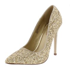 Gold Sparkles Pointes Toe Metallic Stilettos Heel A Glamorous Party Needs A Glamorous Part Shoe - Features Pointed Toe Paired With A Covered Heel - Gold Sparkles Embellished Upper - Single Sole Styling With A Metallic Heel Man Made Materials Approximate Heel Height 4 1/2 Inches Gold 4-inch Heels For Party, Gold Party Heels With 4-inch Heel, Fitted Heels For Party Season Event, Gold Heels For Prom And Party Season, Holiday Event Closed Toe Heels, Glamorous Gold Heels, Champagne Pointed Toe Glamorous Heels, Glamorous Champagne Pointed Toe Heels, Fitted Gold Heels For Events