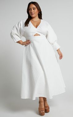 Ashtina Midi Dress - V Neck Cut Out Puff Sleeve Dress in White | Showpo USA Chic Midi Dress With Cutout V-neck, Chic Cutout V-neck Midi Dress, Chic White Dress With Cut-out Waist, White Spring Dress With Cut-out Waist, White Cut-out Waist Dress For Spring, White V-neck Puff Sleeve Party Dress, Chic White V-neck Puff Sleeve Dress, Elegant Dress With Cut-out Waist For Brunch, Elegant Cut-out Waist Dress For Brunch