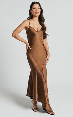 Etienne Midi Dress - Asymmetric Hem Satin Slip Dress in Chocolate Dress Engagement, Basic Black Dress, Neon Outfits, Bachelorette Dress, Feel Empowered, Spring Maxi Dress, Navy Bridesmaid Dresses, Brown Satin, Long Sleeve Knit Dress