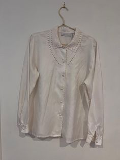 Karen Scott  Vintage blouse  Collar  White  Good vintage condition stain as shown  Cottage core Size 8 Polyester  Winter/ spring / summer / fall  Business/ work/ casual/ school / party Classic Embroidered Summer Shirt, Elegant Embroidered Summer Shirt, Elegant Floral Embroidered Summer Shirt, Embroidered Collared Tops For Formal Occasions, Classic Embroidered Blouse For Work, Cottagecore Collar Blouse For Summer, Cottagecore Collared Blouse For Summer, Cottagecore Blouse With Collar For Summer, Cottagecore Summer Blouse With Collar