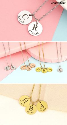 This Initial Date Disc Necklace makes the perfect gift for any mother. Each one is gold plated & personalised with your kids initials & birth dates - creating a unique necklace that is entirely made, just for you. Stainless Steel Initials Name Necklace, Personalized Adjustable Stainless Steel Necklace, Silver Monogram Charm Necklace For Mother's Day, Personalized Stainless Steel Jewelry For Valentine's Day, Round Monogram Initial Necklace For Personalized Gift, Mother's Day Monogram Initial Pendant Jewelry, Personalized Stainless Steel Pendant Name Necklace, Personalized Stainless Steel Pendant Necklace, Customized Initial Pendant Name Necklace For Birthday