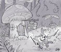 a black and white drawing of two mice in the woods with umbrellas over their heads