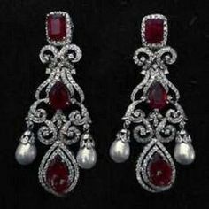 Vintage Style Red Emerald Pear drop CZ 925 Sterling Silver Pearl Fine Earrings #Handmade #Vintage Diamond Pendant Jewelry, Diamond Pendants Designs, Diamond Earrings Design, Cocktail Earrings, Red Pearl, Fancy Jewellery Designs, Bridal Earrings Drop, Diamond Dust, Gold Jewelry Stores