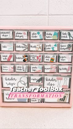 a pink teacher's toolbox with many drawers