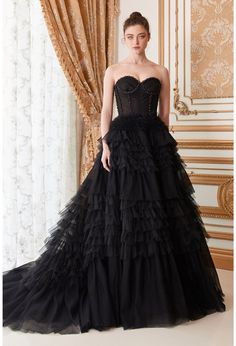 The Ladivine 1017 Long Layer Pleated Ruffle Ballgown Prom Dress Lace Corset Formal Gown is a luxurious and elegant designer piece Long Ball Dresses, Andrea And Leo, Special Ocassion Dresses, Tulle Balls, Paris Blue, Exquisite Gowns, Full Length Gowns, Princess Gown, Strapless Corset