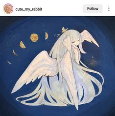 an angel with white wings sitting in front of the moon and stars on a blue background