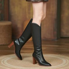 Looking for something special in footwear? Check out our black knee high leather boots! These beautiful boots have a block heel and V-cuts that are sure to turn heads. They're perfect for a night out on the town or for dressing up any outfit. Plus. they're made of high-quality leather that will last for years to come. So don't wait any longer. order your pair today! <span title="Genuine Leather" cla... Leather Boots For Women, Boots Thigh High, High Heeled Boots, Black Block Heels, High Leather Boots, Black Knees, Beautiful Boots, Knee High Leather Boots, Night Out On The Town