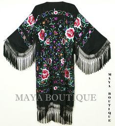 Embroidered Silk Fringe Jacket Flamenco Kimono by BoutiqueMaya Spring Black Tasseled Outerwear, Spring Long Sleeve Fringed Kimono, Spring Fringe Long Sleeve Kimono, Spring Fringed Long Sleeve Kimono, Black Long-sleeved Outerwear With Tassels, Black Long Sleeve Outerwear With Tassels, Elegant Black Embroidered Kimono, Black Long Outerwear For Festivals, Long Black Outerwear For Festival