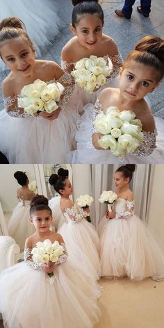 four girls in white dresses with flowers on their bouquets and one girl wearing a flowered dress