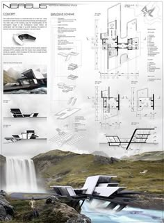 an architectural diagram shows the various parts of a house and its surroundings, including water fall