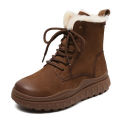 Women Retro Thick Soled Leather Snow Boots-RAIIFY Winter Ankle-high Martin Boots With Leather Footbed, Leather Ankle-high Lace-up Boots For Winter, Winter Martin Boots With Leather Footbed, Brown Round Toe Winter Boots, Brown Round Toe Boots For Winter, Leather Boots With Round Toe For Winter, Lace-up Winter Boots With Suede Lining, Brown Flat Heel Lace-up Winter Boots, Brown Flat Heel Lace-up Boots For Winter