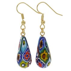 Dainty, colorful, and stylish, these Millefiori earrings demonstrate Murano artisans' incredible talent and fantasy. The beautiful delicate multicolor beads with a variety of Millefiori designs present the most famous Murano glass technique in a fun and contemporary way. Measurements: Each bead measures 1 inch in length, the diameter at the bottom is about 3/8 inch. Ear hooks are made of 18K gold-plated surgical steel. All other non-glass parts are 18K gold-plated. The earrings come with an attr Multicolor Teardrop Flower Earrings As Gift, Multicolor Teardrop Flower Earrings, Elegant Colorful Drop Earrings Jewelry, Elegant Handmade Colorful Earrings, Elegant Multicolor Beaded Earrings For Pierced Ears, Elegant Multicolor Beaded Earrings For Gifts, Elegant Colorful Drop Earrings, Multicolor Drop Flower Earrings With Ear Wire, Multicolor Flower Drop Earrings