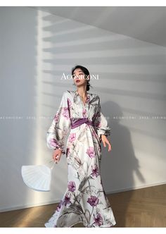 Aconiconi｜French light luxury japanese inspired dress - Begonia – ORUMATORU Printed V-neck Evening Dress, Formal Printed V-neck Dress, Elegant V-neck Floral Print Dress, Feminine V-neck Printed Dresses, Elegant Printed V-neck Midi Dress, Feminine Printed V-neck Dress, Elegant Long V-neck Dress For Spring, Spring Printed Silk Dress, Elegant White V-neck Dress With Floral Print