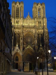 an old cathedral lit up at night time